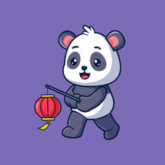 Cute Panda Playing Lampion Cartoon