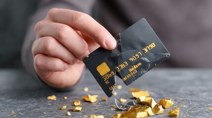 A close-up shot of a person's hand decisively holding the two jagged pieces of a destroyed, black plastic credit card, symbolizing financial freedom, debt relief, or bankruptcy, wi