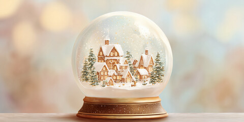Snow globe with winter village scene and snowflakes inside  