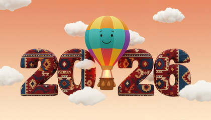 Happy hot air balloon floating among clouds with 2026 numbers. New year celebration graphic. Digital festive illustration for future holiday greetings