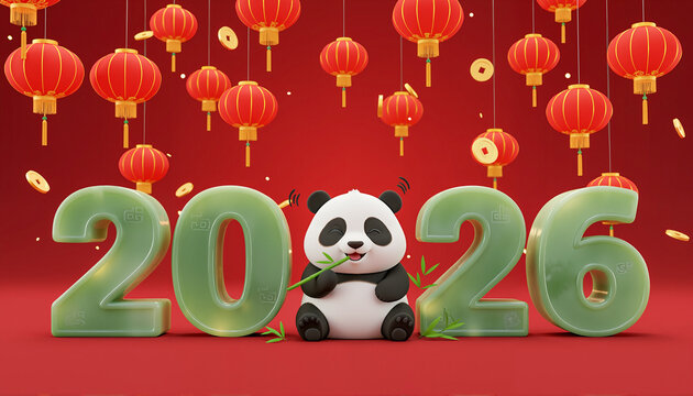 Cute panda holding bamboo integrated into jade 2026 numbers. Chinese New Year greeting with red lanterns and gold coins. Lunar festival prosperity symbol for celebration cards.