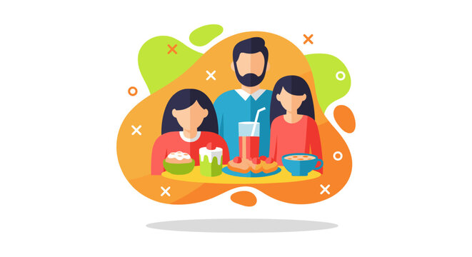A family enjoys a meal together, illustrated with vibrant colors and abstract shapes, promoting togetherness and healthy eating habits.