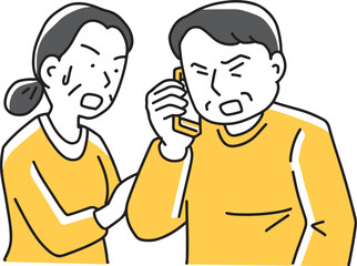 怪しい電話に対応する中年夫婦