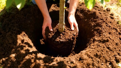 Close-up view of hands carefully planting a young tree sapling with its root ball into a freshly dug hole in the earth.