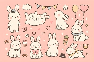 Fototapeta premium Cute Cartoon Bunnies with Accessories on Pink Background
