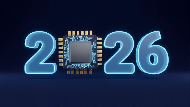 Glowing blue numbers forming year 2026 with embedded microchip. Futuristic technology symbol for digital innovation and semiconductor industry. New year concept in cyber world and electronic