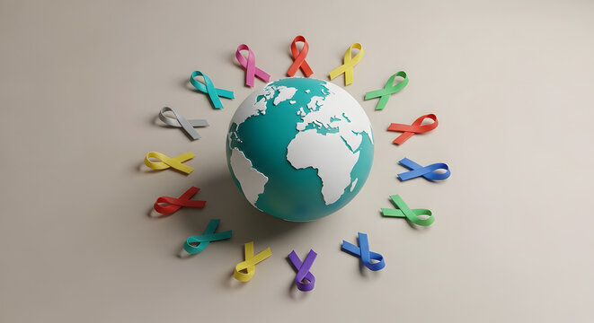 Colorful awareness ribbons surrounding globe for World Cancer Day  