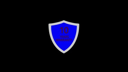 10 Years Warranty shield Animation. Premium product guarantee label, metallic gold quality assurance seal for trusted service and reliability.