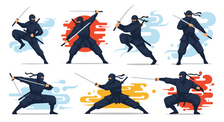 Dynamic poses of ninjas in various action stances with katanas, illustrated against a backdrop of colorful, abstract designs.