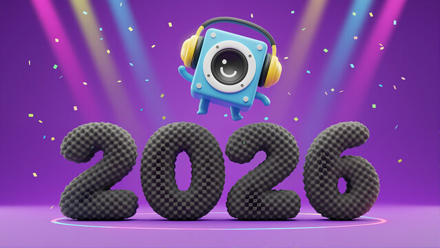 Cute blue robot character with headphones floats above 2026 numbers on purple stage. Celebration of new year future with confetti and spotlights. 3D digital illustration for happy new year greetings