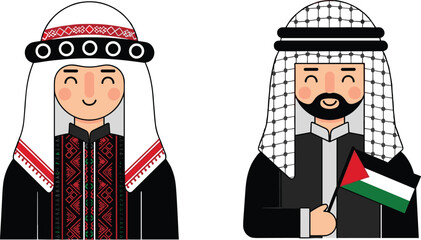 Palestinian culture, traditional clothing, embroidered thobe, keffiyeh scarf, national pride, heritage dress, cultural identity, folk costume, ethnic fashion, Middle Eastern illustration