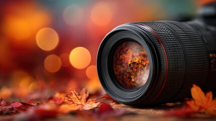 Professional camera lens with autumn leaf reflection in glass element against warm bokeh background. Black lens with red accent surrounded by colorful fall foliage creating artistic photography concep