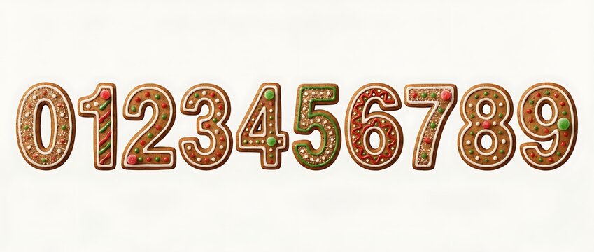 Gingerbread numbers display holiday cookie font art christmas bakery theme white isolated background 3d iced text concept