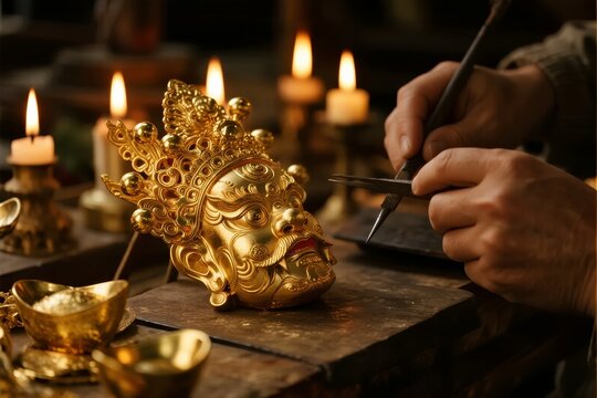 Artisan crafting a golden mask with intricate details using tools in a candlelit workshop