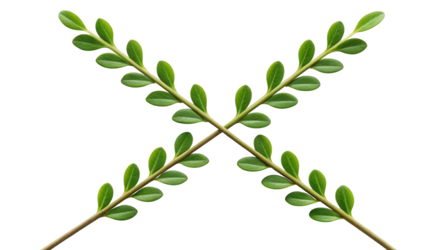 Green leafy branches forming a cross shape isolated on transparent background isolated on transparent background