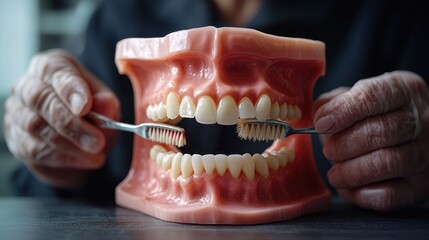 Older Hands Demonstrating Proper Oral Hygiene on a Detailed Dental Model with Two Toothbrushes