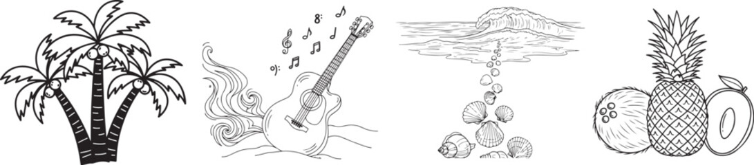 Monochromatic Outline Tropical Summer Collection with Beach Elements and Music