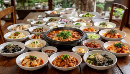 A Delicious Korean Feast A Table Full of Authentic Dishes and Traditional Flavors