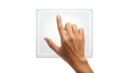 Human hand pointing or tapping on a blank white touchpad, isolated on transparent background isolated on transparent background