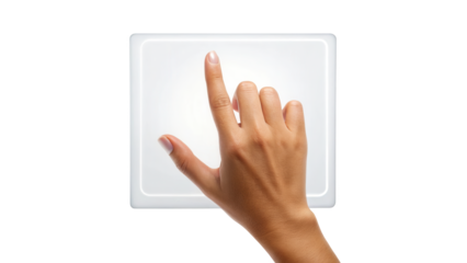 Human hand pointing or tapping on a blank white touchpad, isolated on transparent background isolated on transparent background