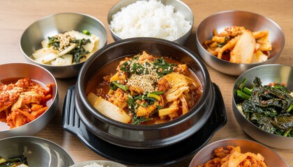 Korean cuisine feast A balanced platter of spicy stews, kimchi and assorted side dishes