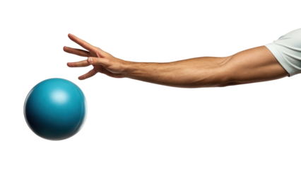 Mans arm reaching for a blue ball, isolated on transparent background isolated on transparent background