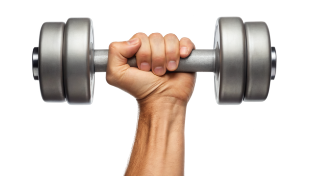 Mans hand holding a heavy dumbbell, isolated on transparent background isolated on transparent background