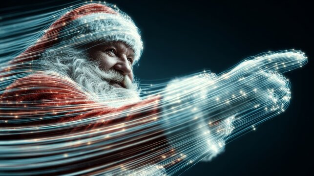 Joyful st. nick showcasing a blank billboard for seasonal greetings. Internet traffic. Santa gestures at a blank signboard surrounded by holiday charm. Connected devices. Information flow.