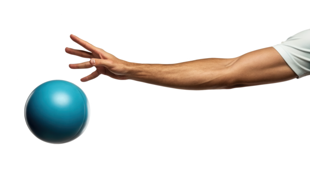 Mans arm reaching for a blue ball, isolated on transparent background isolated on transparent background