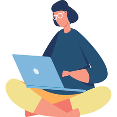 Modern illustration of a person wearing glasses and a dark blue sweater sitting cross-legged with a light blue laptop on a white background with transparent background