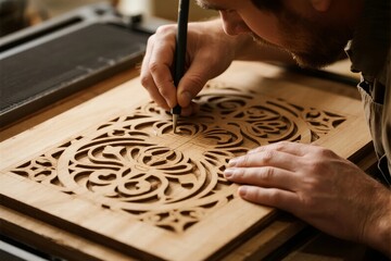 Craftsman carving intricate wooden design with a fine tool