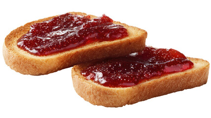 Two toast slices covered in rich, dark red jam, against a black background