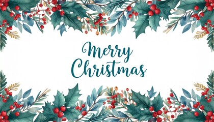 Merry Christmas floral border with festive holly berries and leaves, watercolor painted