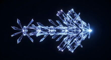 Abstract three dimensional rendering of a horizontal right pointing arrow constructed from multiple brilliant faceted ice like crystal shards glowing with blue light against a black background