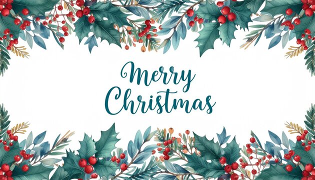 Merry Christmas floral border with festive holly berries and leaves, watercolor painted - Powered by Adobe