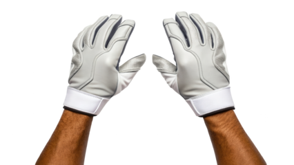 Pair of hands wearing white batting gloves, isolated on transparent background isolated on transparent background