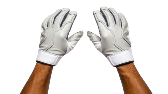 Pair of hands wearing white batting gloves, isolated on transparent background isolated on transparent background - Powered by Adobe