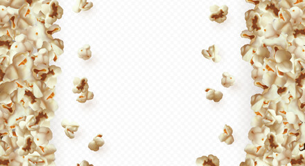 Empty frame with side borders of popcorn, transparent isolated background.