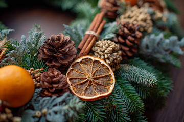 Natural Christmas wreath dried orange slices, pinecones, and cinnamon sticks tied with twine.