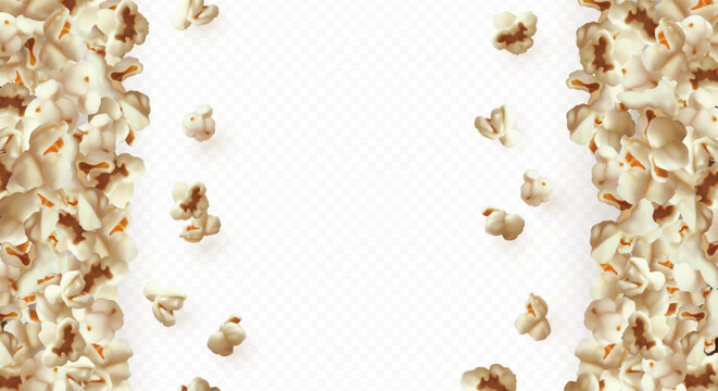 Empty frame with side borders of popcorn, transparent isolated background.