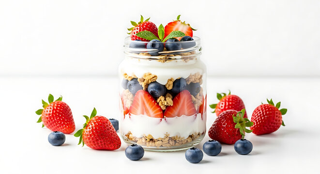 Healthy layered yogurt parfait with fresh strawberries and blueberries in a glass jar isolated on white background - Powered by Adobe