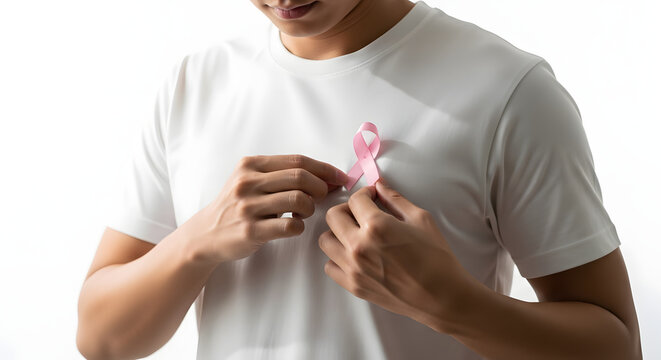 Man placing pink ribbon on white shirt for World Cancer Day  