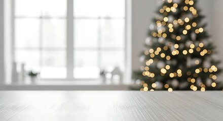 Cozy Christmas Scene A Glimpse of Winter Magic Snowy Window View Sparkling Tree Lights with the wooden Table in