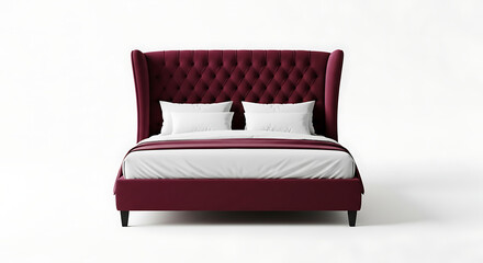 Obraz premium Luxurious deep red velvet tufted wingback bed with white linens isolated on white background