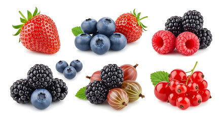 A vibrant assortment of fresh berries including strawberries blueberries raspberries blackberries and currants isolated on white background