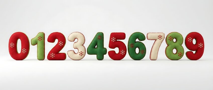 Cute christmas plush 3d text soft toy numbers displayed on white isolated background for festive decor