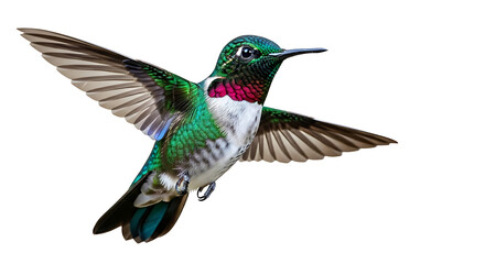 Obraz premium A ruby throated hummingbird in flight with wings spread wide isolated on white background
