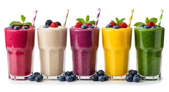 Five colorful fruit smoothies with fresh berries and mint leaves isolated on white background