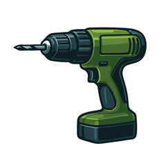 Illustration of a green handheld power drill with a drill bit.
