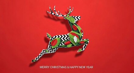 Festive reindeer prancing across a vibrant red canvas a whimsical tribute to merry Christmas and happy new year